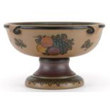 Hjorth, Danish Pottery pedestal fruit bowl hand painted with fruit, 15cm high x 27cm in diameter