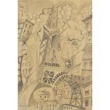 Surreal Parisian landscape with the Eiffel Tower, French school pencil, mounted, framed and