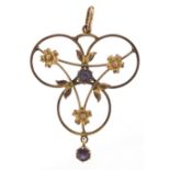 Art Nouveau 9ct gold amethyst drop pendant, 3.9cm high, 2.0g