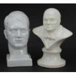 Two military interest white glazed busts of Hitler and Churchill, the largest 13.5cm high
