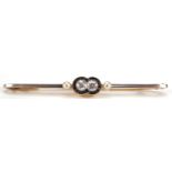 Art Deco 18ct two tone gold diamond, sapphire and seed pearl bar brooch, 5.5cm wide, 3.5g