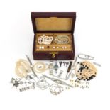 Vintage and later costume jewellery and ladies wristwatches including a pair of 9ct gold wishbone
