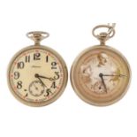 German military interest open face pocket watch and one other, each 50mm in diameter