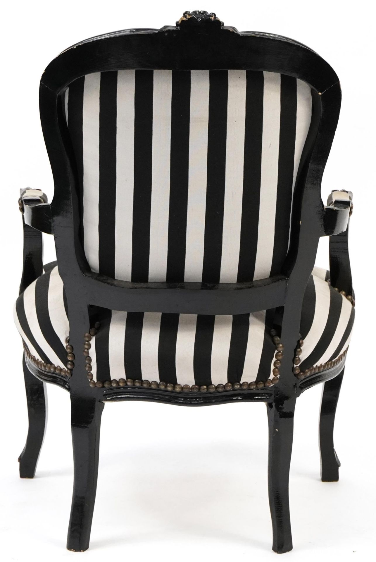 French style black painted elbow chair with black and white striped upholstery, 92cm high - Image 3 of 3
