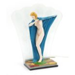 Art Deco style nude female table lamp with frosted peacock feather glass back, 43cm high