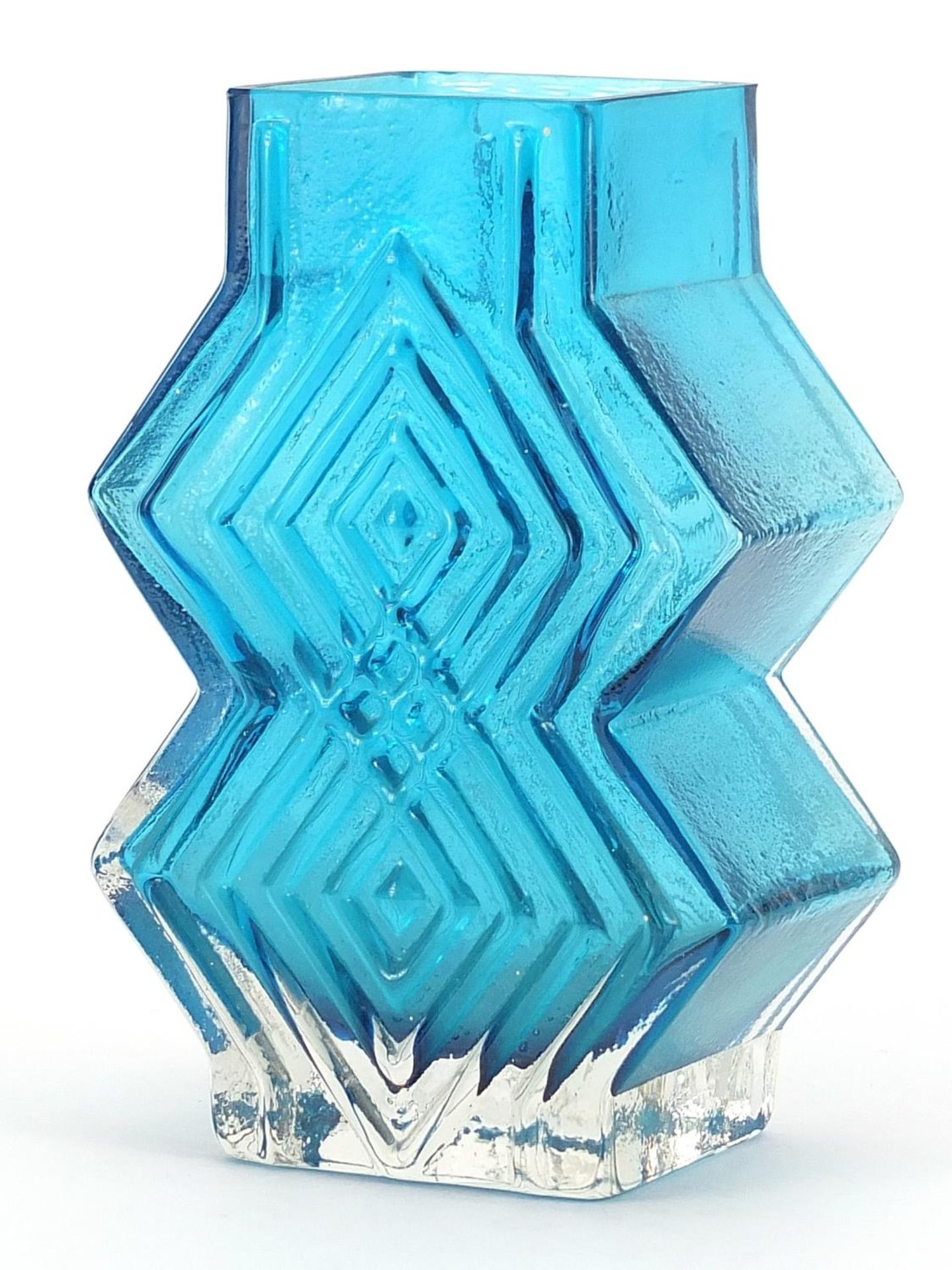 Geoffrey Baxter for Whitefriars, double diamond glass vase in kingfisher blue, 16cm high - Image 2 of 3