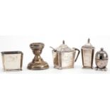 Silver objects comprising a Mappin & Webb three piece cruet, unmarked silver egg shaped mustard