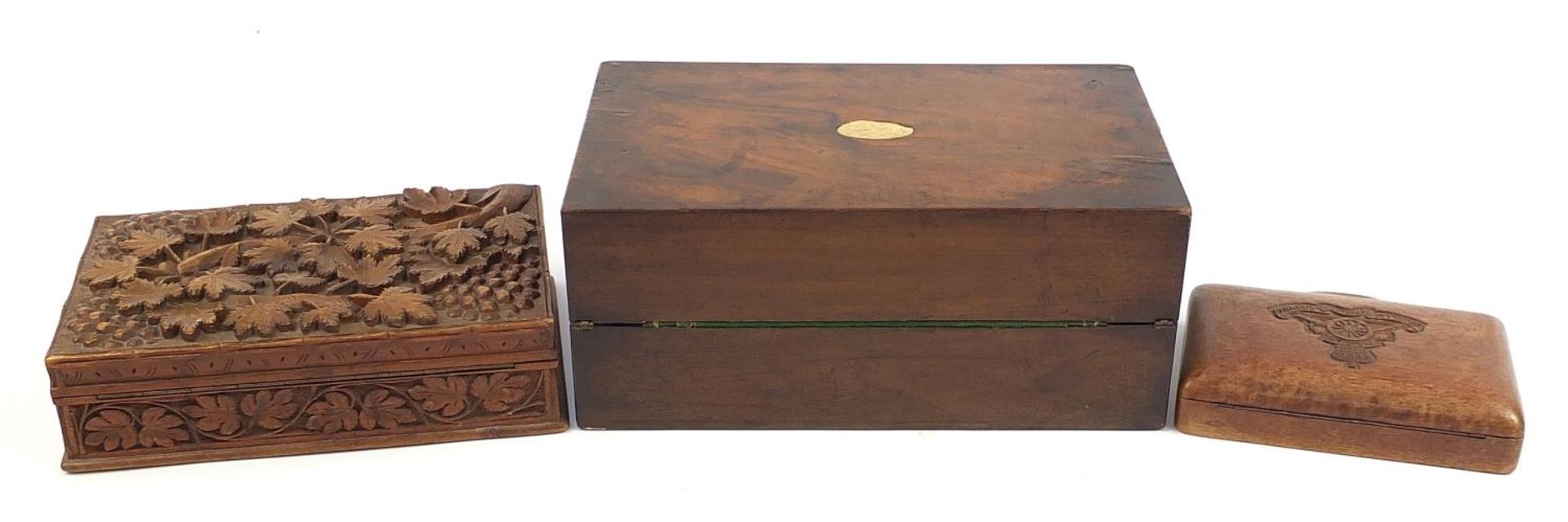 Three wooden boxes including Victorian walnut writing slope and one carved with a Royal Artillery Cr - Image 3 of 3