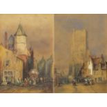 Street scenes with figures before building and Cathedral, pair of 19th century Continental