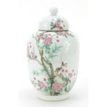 Chinese porcelain vase and cover hand painted with a cricket amongst cherry blossom, six figure