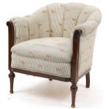 Mahogany framed tub chair with striped upholstery having images of show jumpers, 79cm high