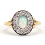 18ct gold opal and diamond cluster ring, size O, 5.0g