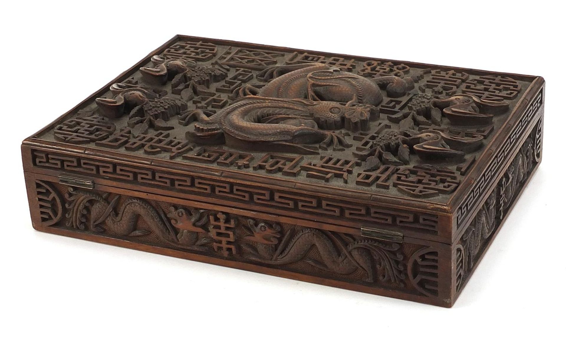 Large Chinese hardwood workbox deeply carved in relief with dragons and bats, 7.5cm H x 30.5cm W x - Image 3 of 5