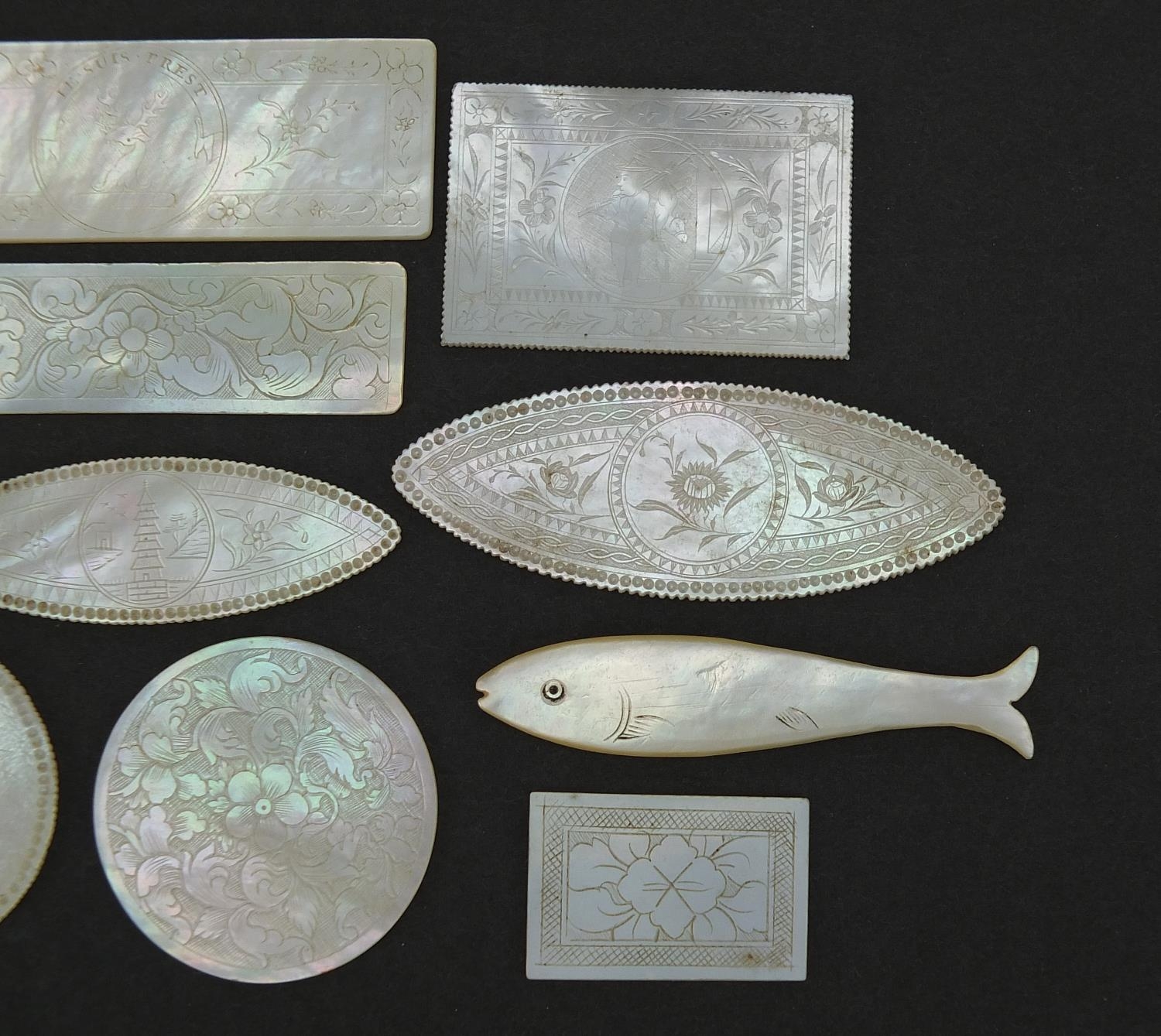 Eleven Chinese Canton mother of pearl gaming counters and one other, the largest 6.5cm wide - Image 3 of 6