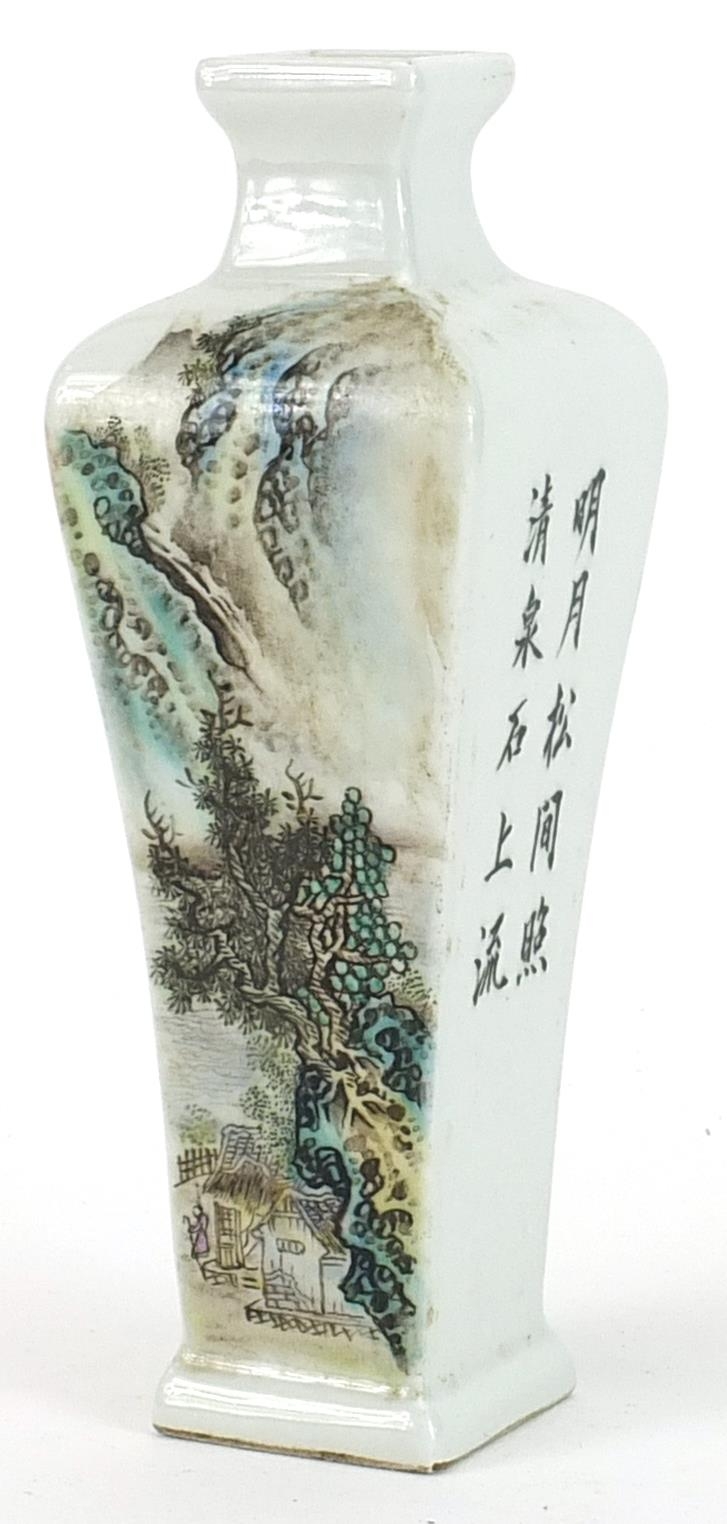 Chinese porcelain flat sided vase hand painted with a landscape and calligraphy, four figure iron - Bild 2 aus 3