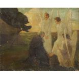 Figure and angels before a landscape, biblical interest oil on canvas, framed, 41cm x 23cm excluding
