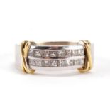 14ct white gold and 18ct yellow gold diamond two row ring, size L, 6.0g