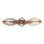 Art Nouveau 9ct gold amethyst and seed pearl bar brooch, 4.6cm wide, 3.0g