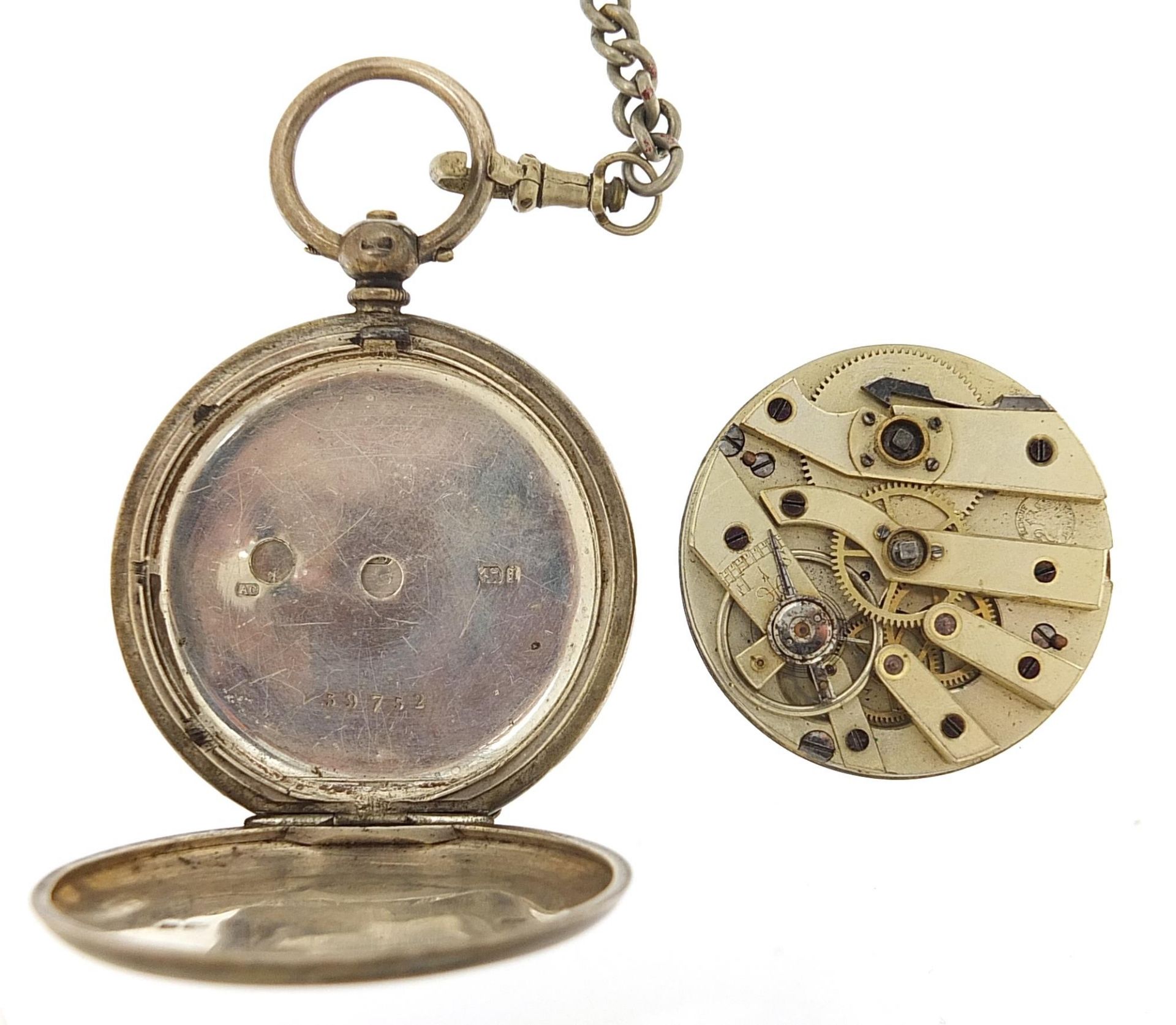 Victorian silver gentlemen's full hunter pocket watch on a white metal watch chain, the pocket watch - Image 4 of 5