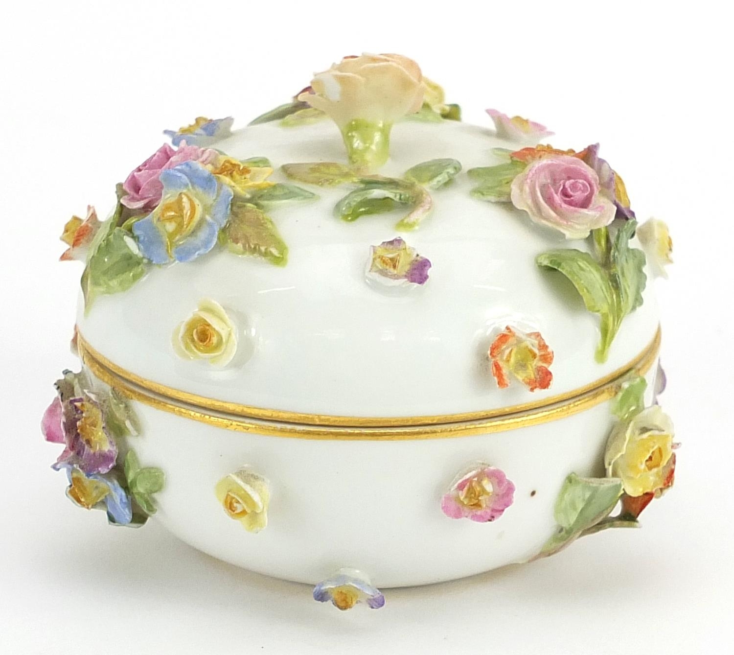 Meissen, German floral encrusted porcelain box and cover, blue crossed sword marks to the base, 7. - Image 2 of 3