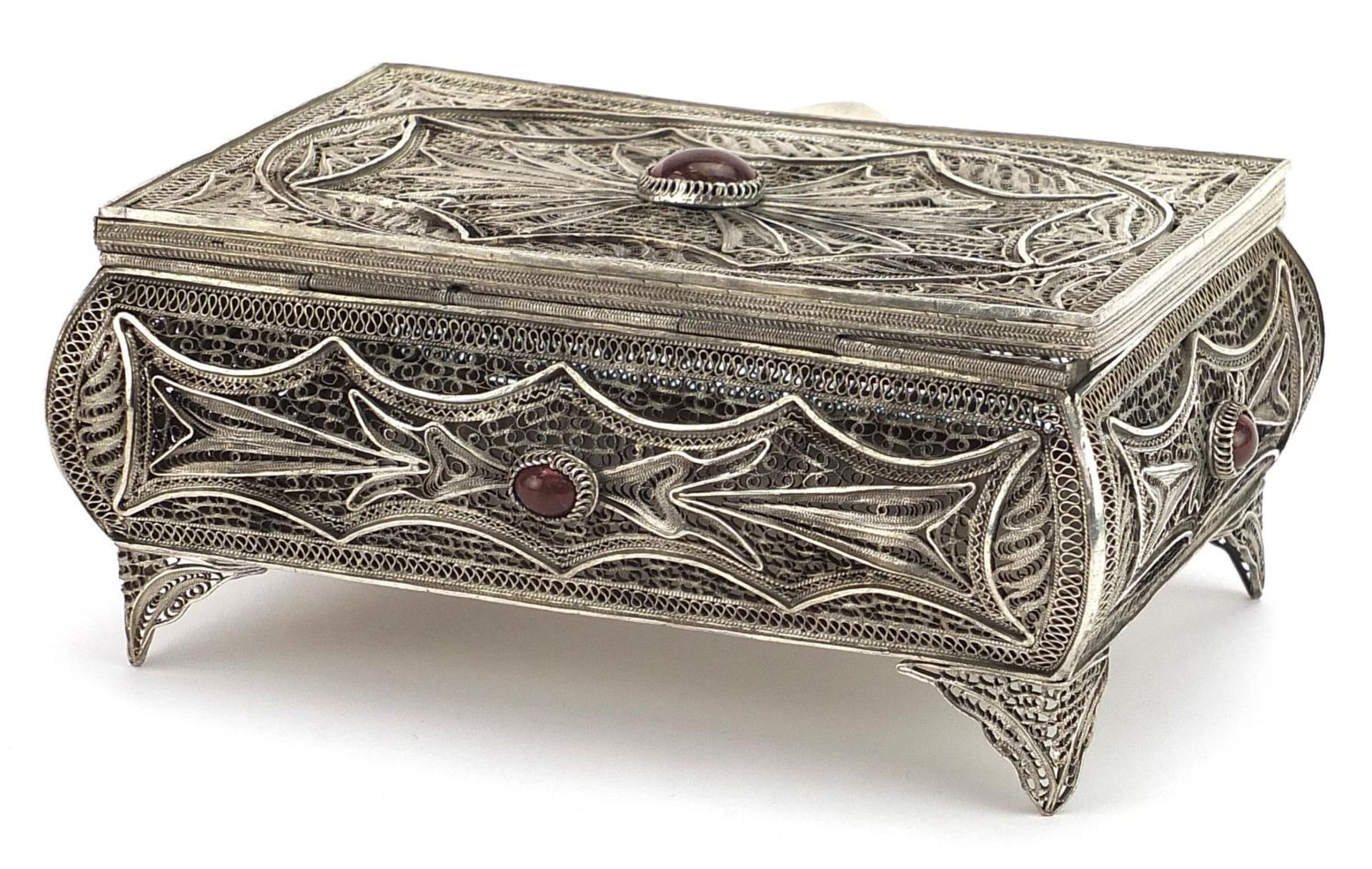 Russian silver filigree casket with hinged lid set with cabochon hardstones, 7cm H x 16cm W x 10.5cm - Image 2 of 4