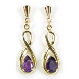 Pair of unmarked 9ct gold amethyst drop earrings, 2.5cm high, 0.6g