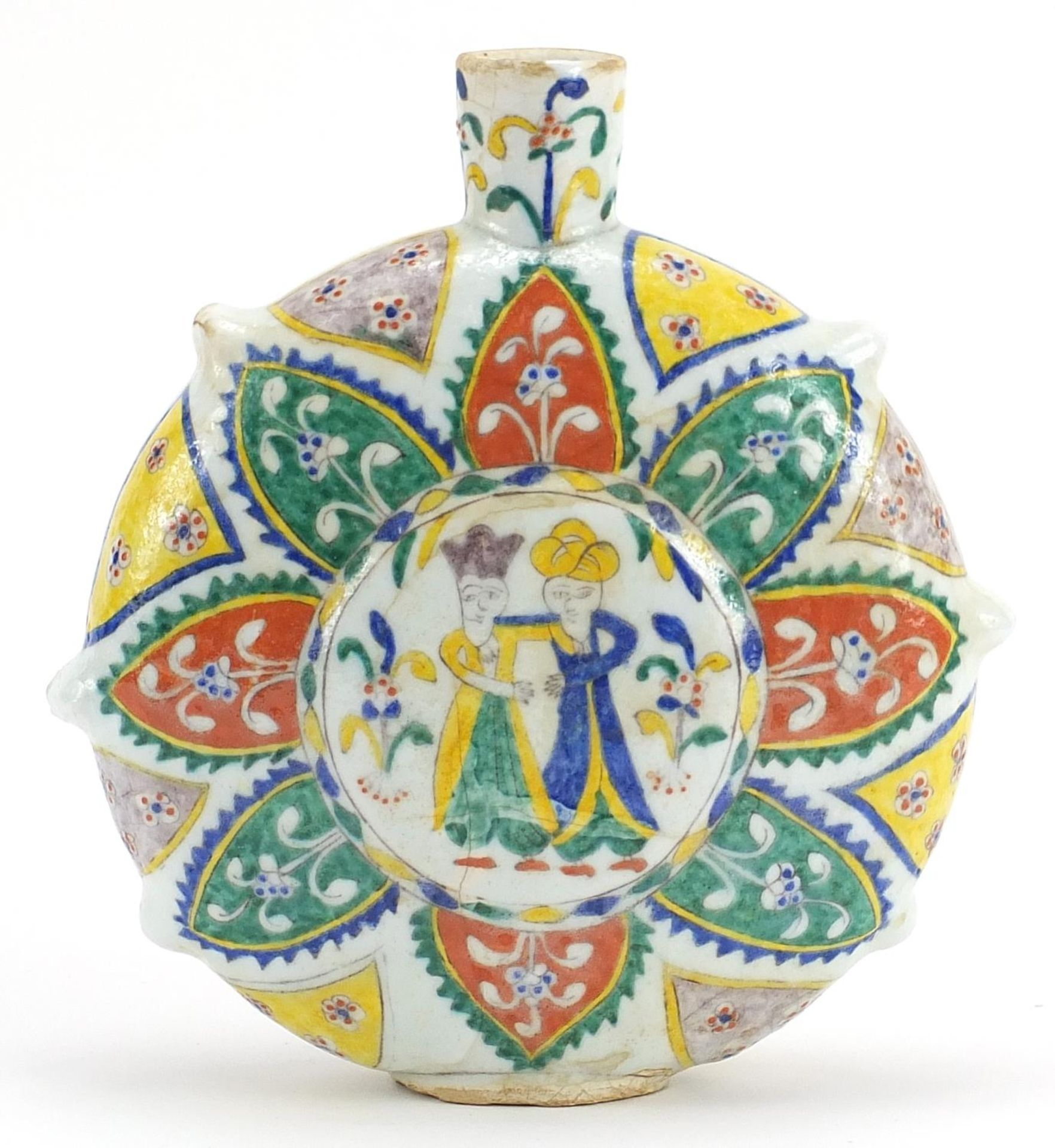 Turkish Kutahya pottery water flask hand painted with figures and flowers, 21.5cm high - Image 2 of 3
