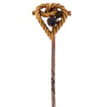 Victorian unmarked gold sapphire love heart stickpin housed in a Goldsmiths & Silversmiths Company