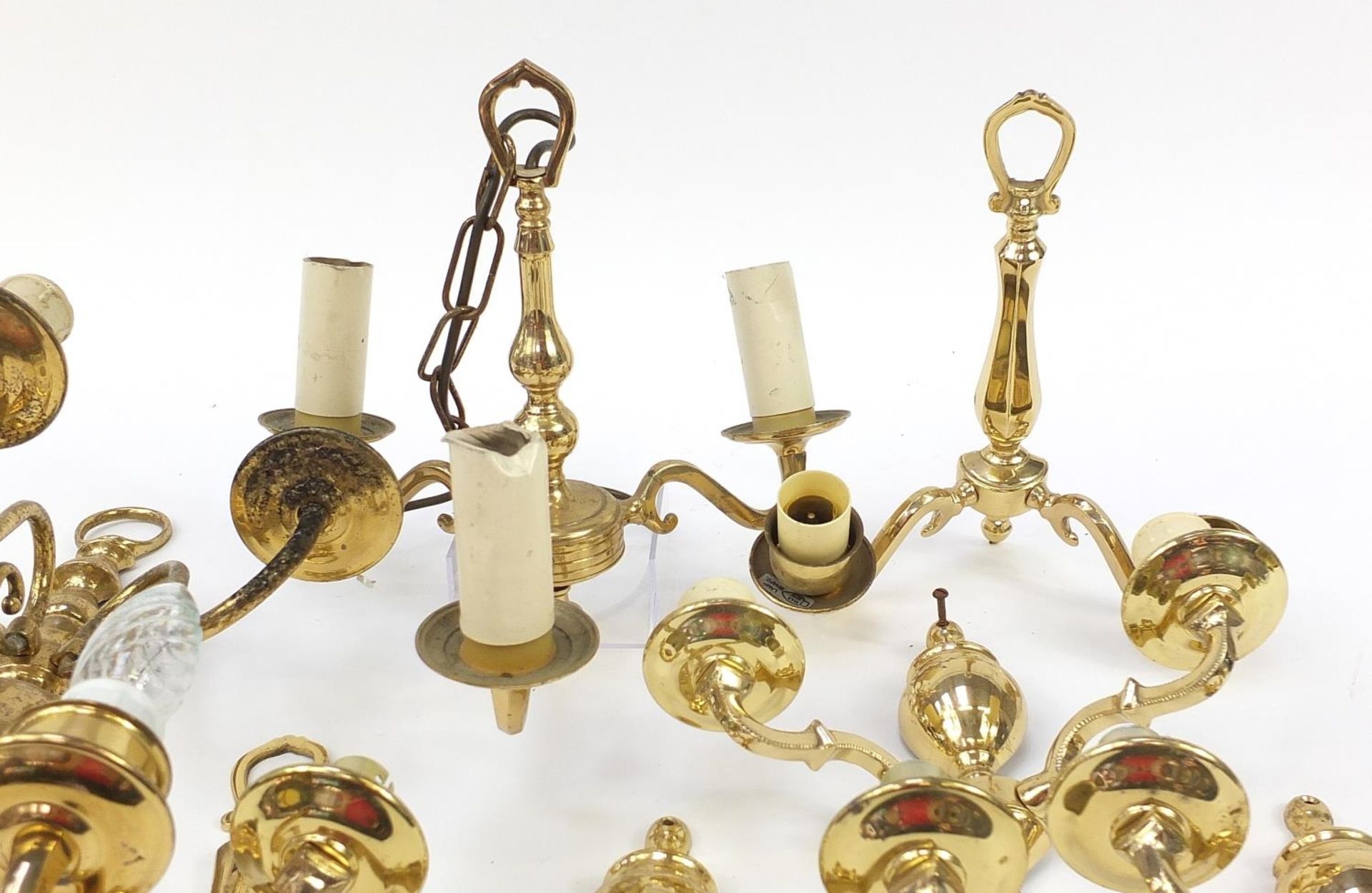 Seven brass wall sconces including a set of four and a three branch chandelier, the largest 30cm - Image 2 of 5