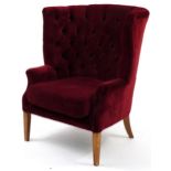 Style Matters, deep mahogany framed wingback armchair with button back upholstery, 105cm high