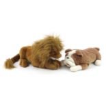 Two bulldog and lion hand puppet soft toys, the lion by Folk Tails, the largest 60cm in length