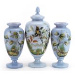 19th century blue opaline glass three piece vase garniture hand painted with birds on a branch,