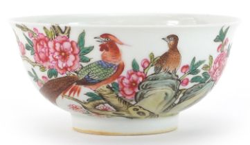 Chinese porcelain bowl hand painted in the famille rose palette with birds amongst flowers, four