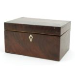 19th century inlaid mahogany twin divisional tea caddy with inlaid bone escutcheon, 10cm H x 19cm