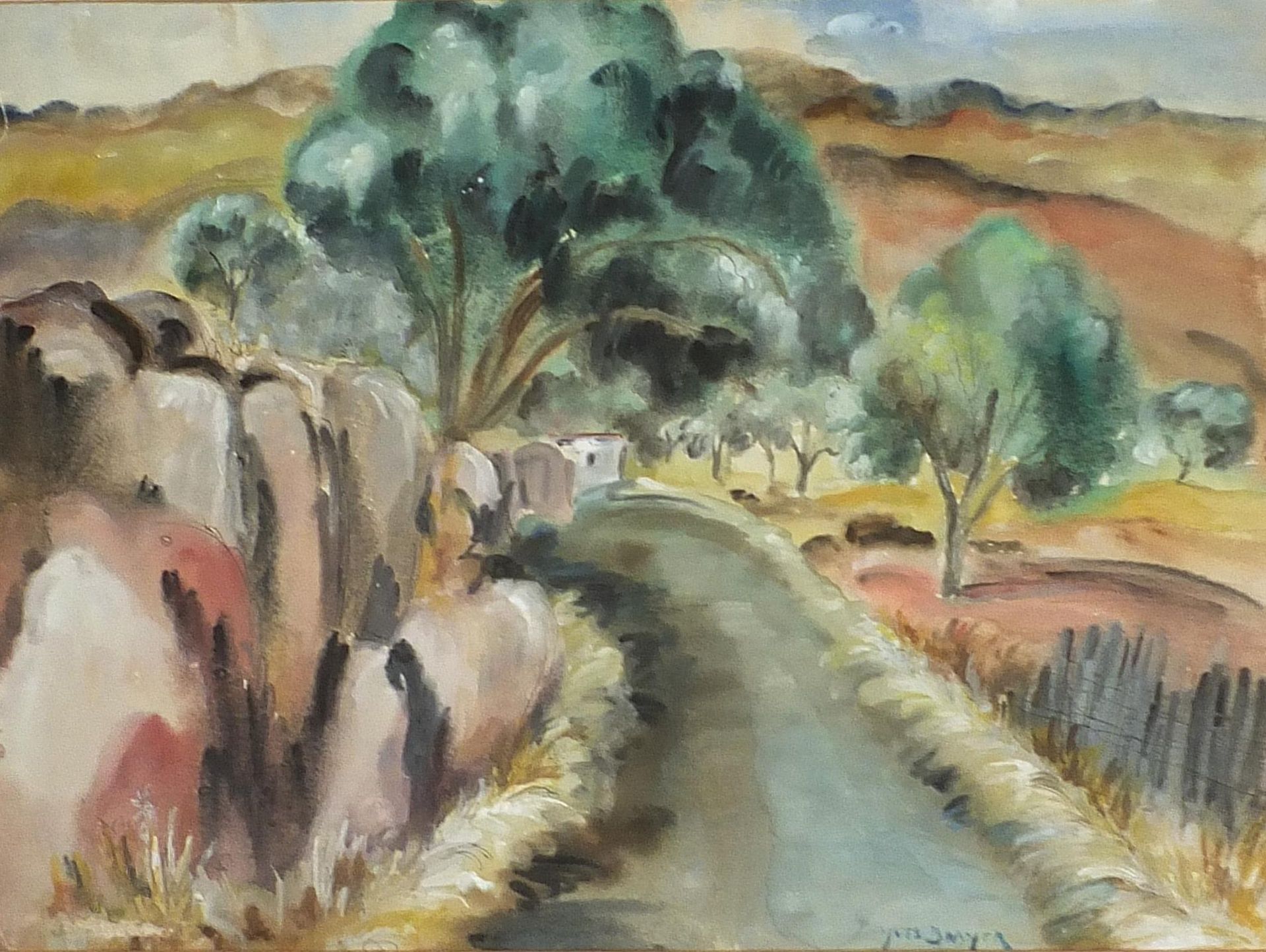 After Yves Brayer - Middle Eastern landscape with trees, watercolour, mounted, framed and glazed,