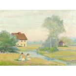 After Charles Ebert - Rural landscape with two figures seated beside a stream, mounted and framed,