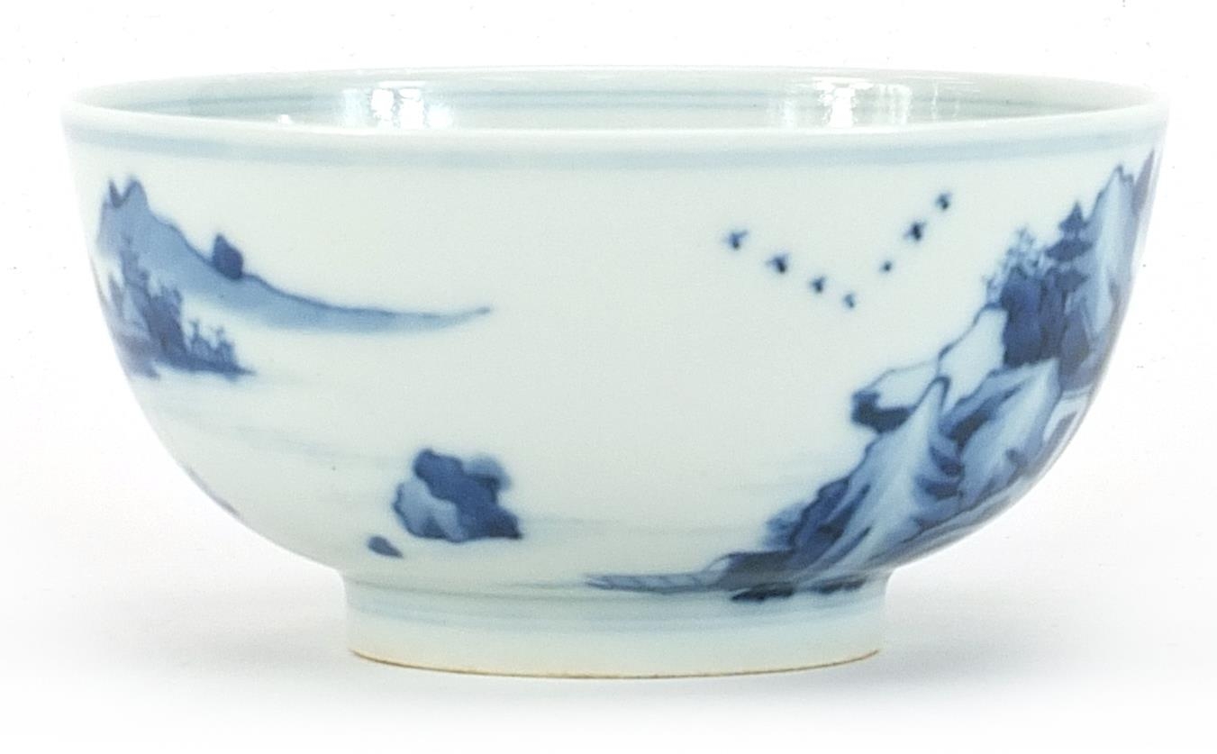 Chinese blue and white porcelain bowl hand painted with fishermen in a river landscape, six figure - Image 2 of 3