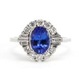 18ct white gold oval tanzanite, round brilliant cut and baguette cut diamond ring, total tanzanite