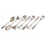 Silver and white metal teaspoons comprising pair with dog terminals, Chinese apostle teaspoon and