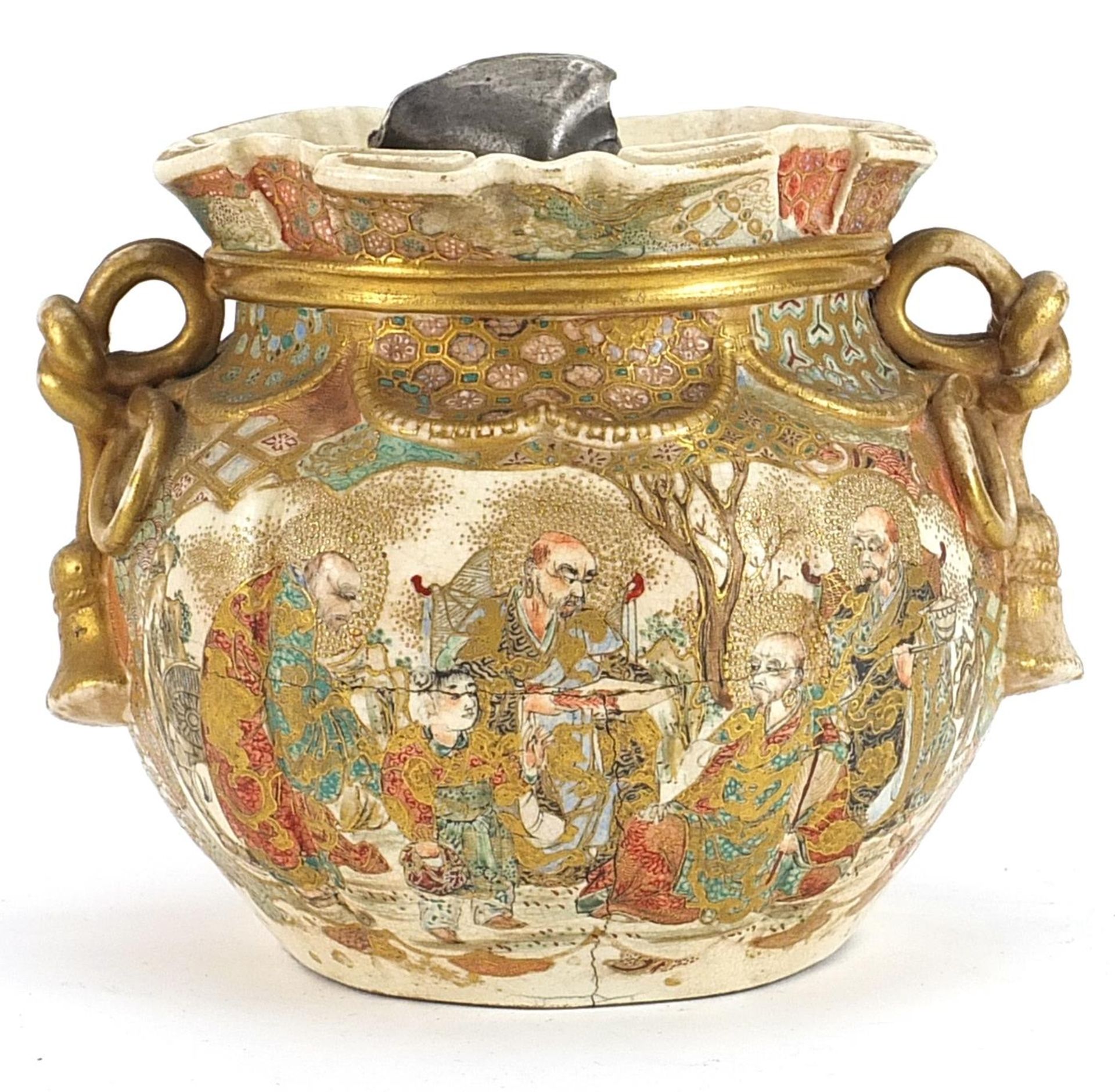 Japanese Satsuma koro with writhen handles hand painted with figures, 13cm high - Image 2 of 3