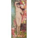 Full length portrait of a nude female amongst flowers, oil on unstretched canvas, 168cm x 78cm