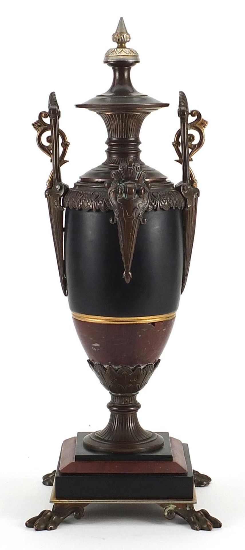 19th century Grand Tour style rouge marble, black slate and bronzed vase and cover with paw feet, - Image 2 of 3