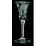 18th century wine glass with air twist stem and bell shaped bowl etched with a rose, 17cm high