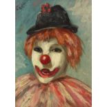Smiling clown, 1940s American/French school oil on Masonite, mounted and framed, 23cm x 16cm