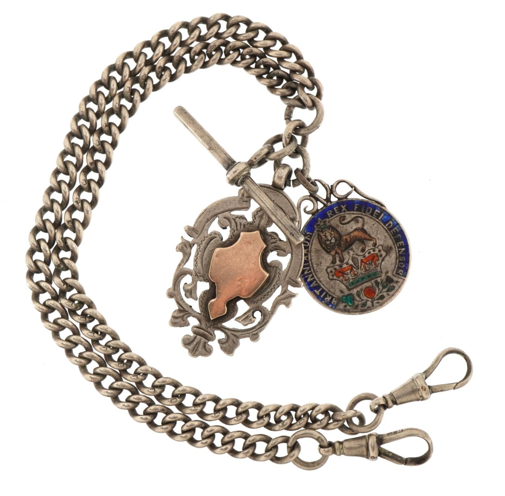 Silver watch chain with T bar, jewel and enamelled George IV shilling, 38cm in length, 46.9g - Image 2 of 4