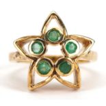 Silver gilt emerald flower head ring, size Q, 4.9g