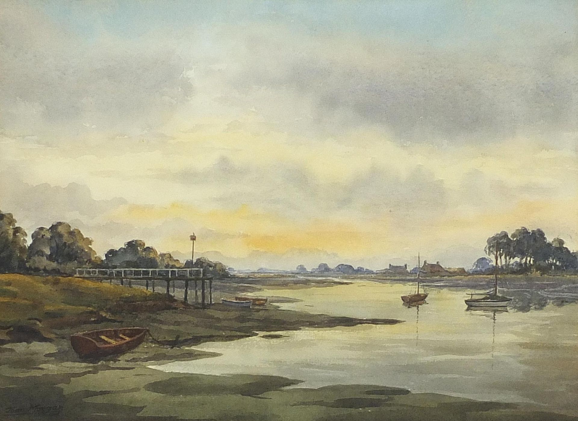 Joan Morgan - Evening Light in Bosham Creek and one other, pair of watercolours, each with E Stacy