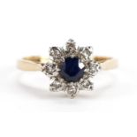 18ct gold sapphire and diamond flower head ring, size K/L, 2.8g