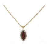 9ct gold garnet and diamond cluster pendant on a 9ct gold necklace, 2.5cm high and 45cm in length,