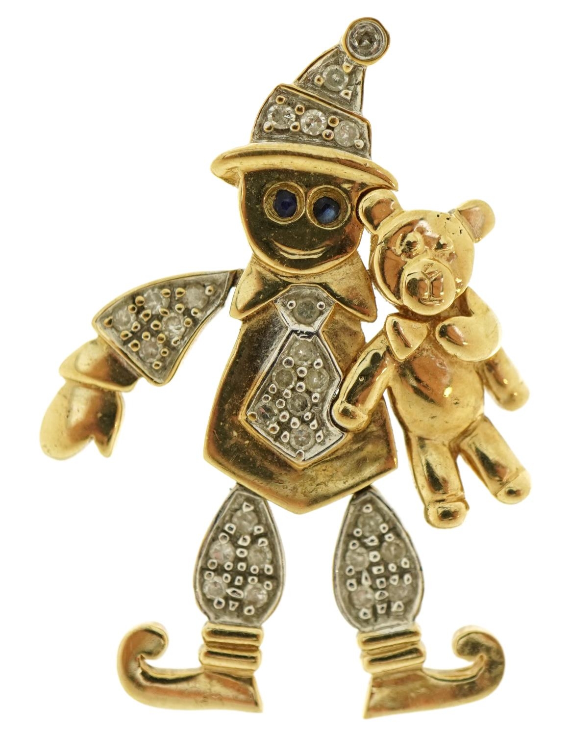 9ct gold diamond clown pendant with sapphire eyes, 3.3cm high, 4.4g